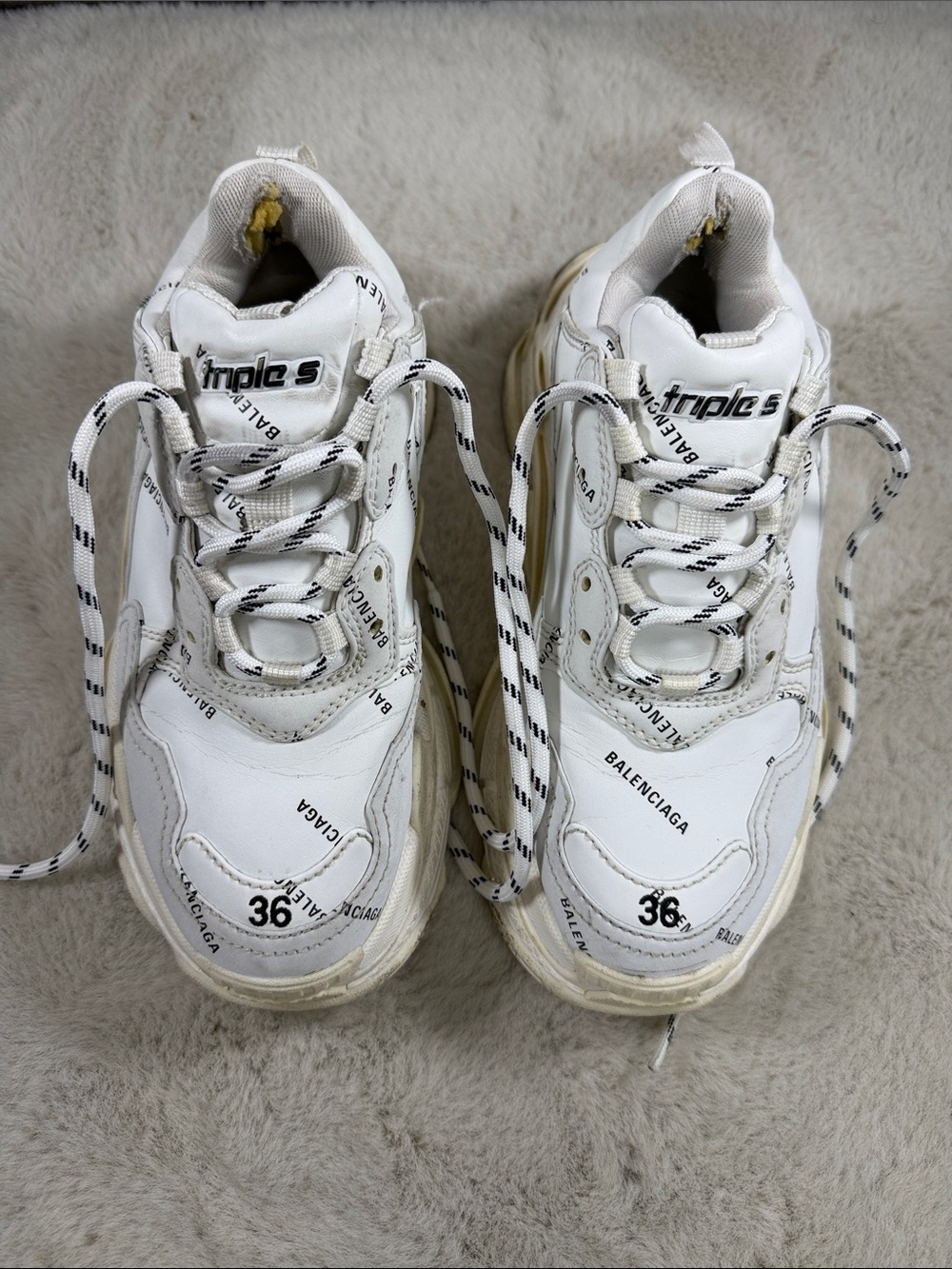 Balenciaga White and Black Logo Triple S Sneakers